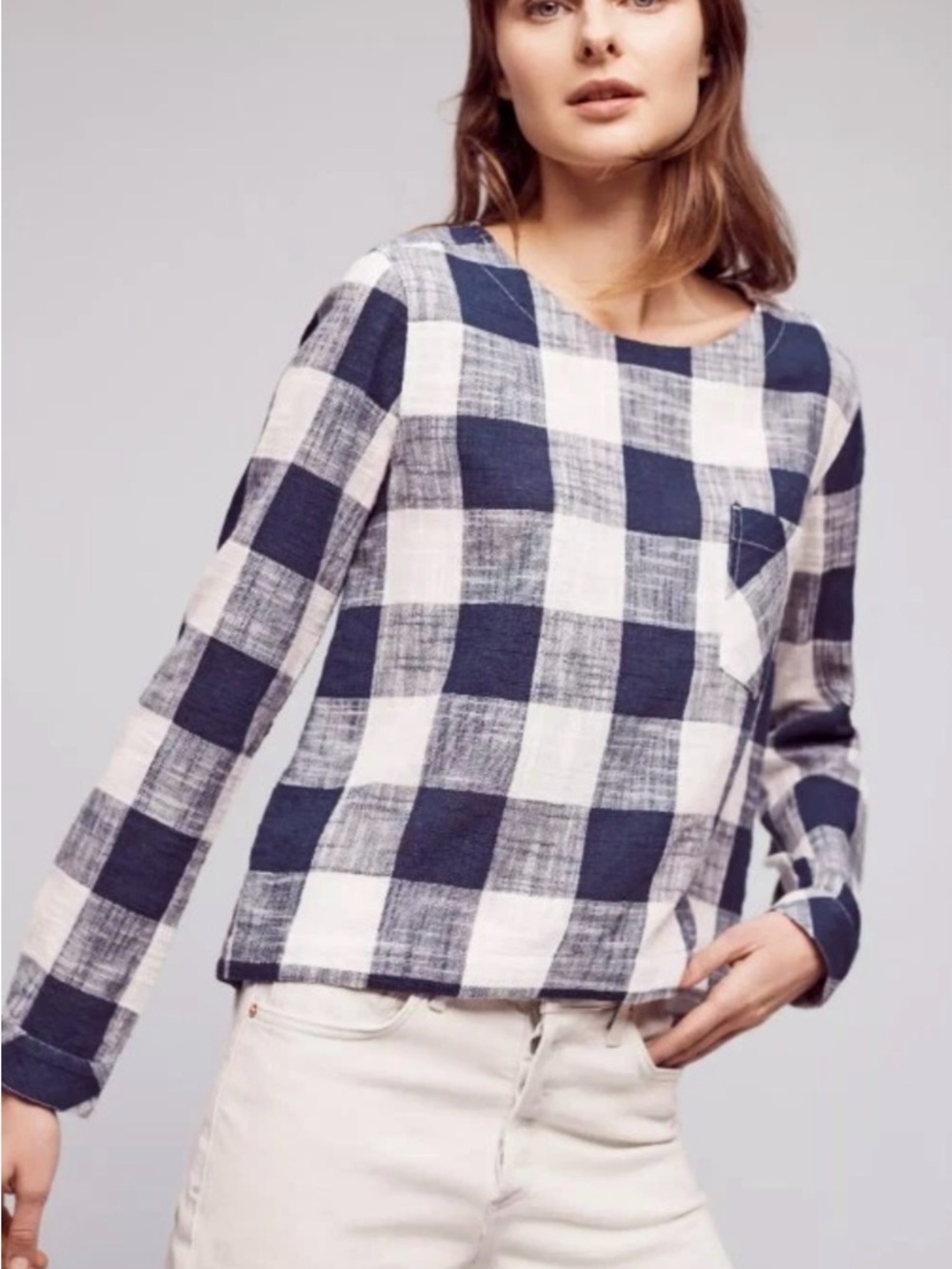 Anthropologie Cloth & Stone Blouse Linen Blend M Navy Blue White Buffalo Plaid